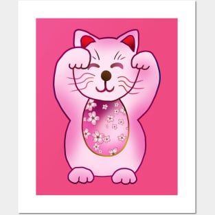 Two paws up pink maneki neko lucky cat Posters and Art